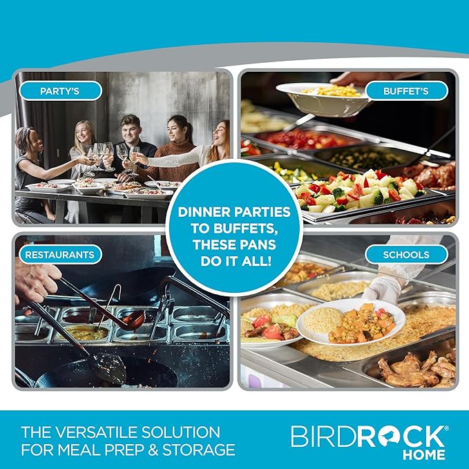 BIRDROCK HOME Stainless Steel Steam Table Pan Lids - Restaurant and Catering Supplies - 24 Gauge Steel - Perfect for Meal Prep Cooking and Food Storage Container - 6 Pack Fits 1/3-Size Hotel Pans