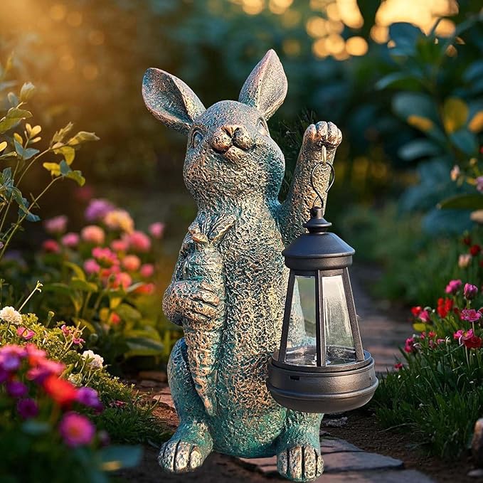 Solar Garden Statues -Rabbit Lantern Outdoor Handmade Resin Statue with LED Light Cute Carrot Holder for Patio Yard Gift Ideas (rabbit2)