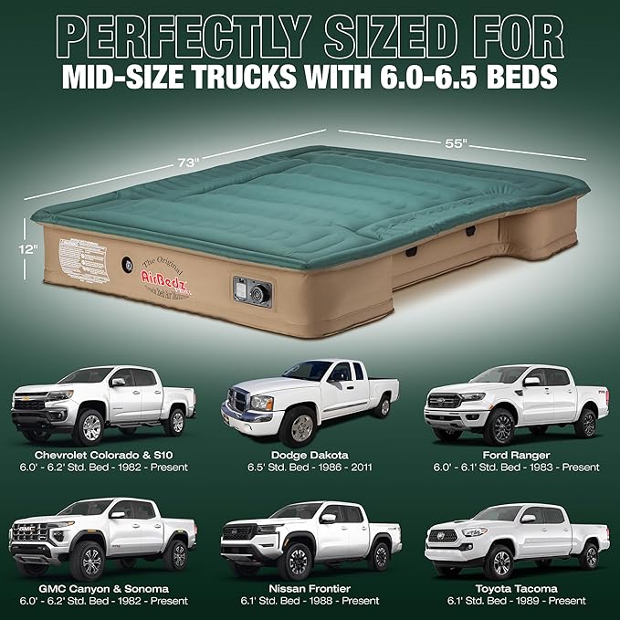 Pittman Outdoors AirBedz Truck Bed Air Mattress – Pro3 Series Truck Bed Mattress for Mid Size - Standard Bed - 6' - 6.5' - 25% More Coverage 1000lb Capacity with Built-in Pump Carry Bag - PPI-303