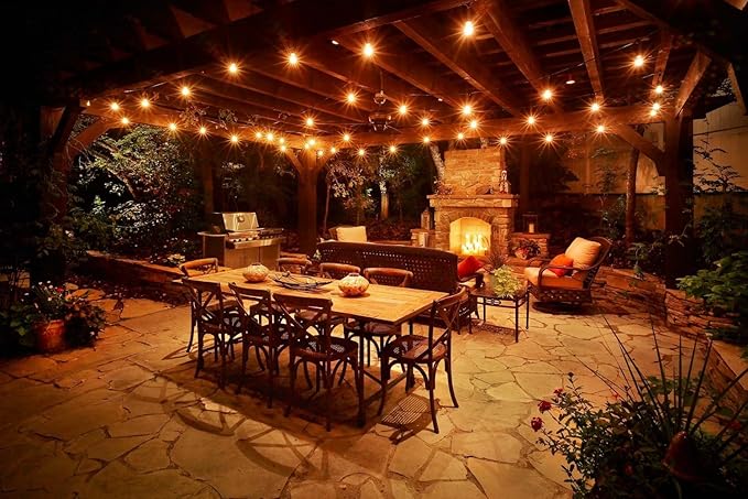 Holiday Lighting Outlet LED Outdoor Patio Lights | 46-Foot Hanging Outdoor String Lights | Includes 16 Dimmable 1.5 Watt Edison Filament Bulb Cafe Lights | Weatherproof Commercial Grade