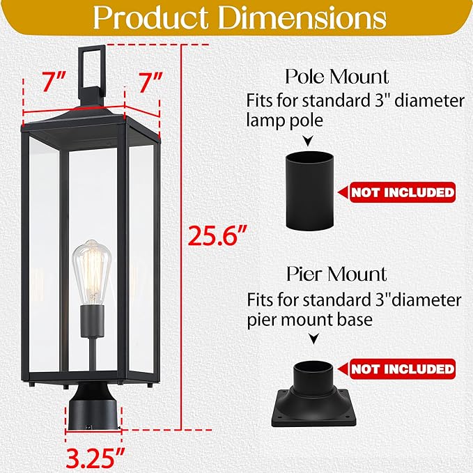25.6” Hardwired Outdoor Post Lamp for Residential Sidewalk Lamp Post Outdoor Lighting for Exterior Gate Post Pier Mount Lights Large Size Steel and Glass 25.6inch Exterior Pillar Lantern E26