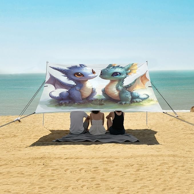 ALAZA Cute Dragons Cartoon Beach Tent Sun Shelter UPF50+ Protection Beach Shade Canopy w/ 4 Sandbags for Outdoor Camping Fishing Backyard Fun Picnic 10x9 ft