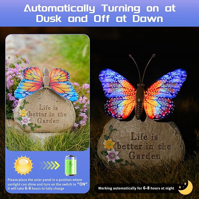 Solar LED Butterfly Garden Statue with Sparkling Light-Up Wings - Outdoor Yard Patio Decor Figurine for Women Mom Grandma (Orange)
