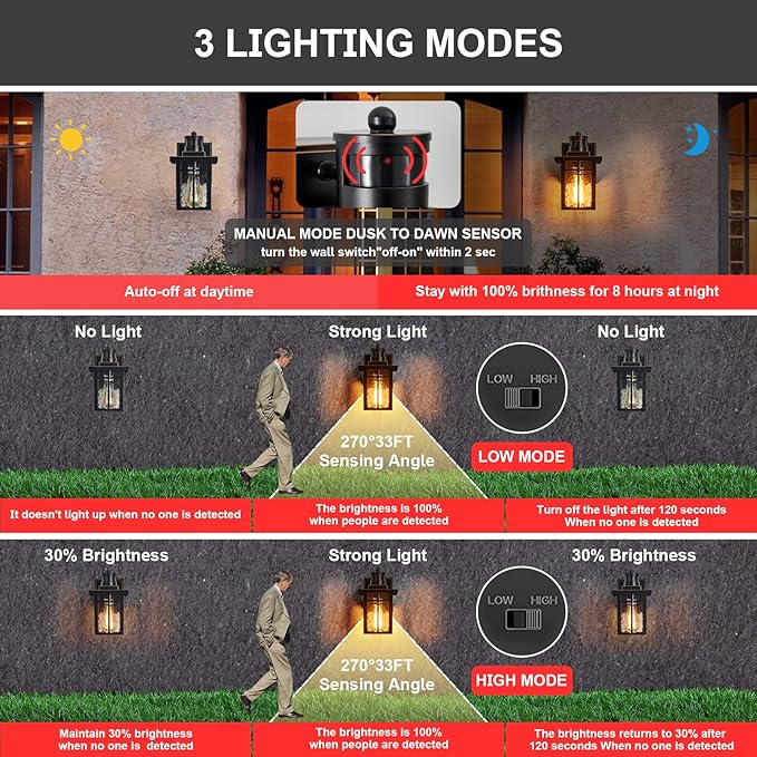 Porch Lights with GFCI OutletDusk to Dawn Motion Sensor Outdoor Lights3 Lighting Modes Black Front Door LightWaterproof Exterior Light FixtureOutside Wall Lamp for House Patio Garage