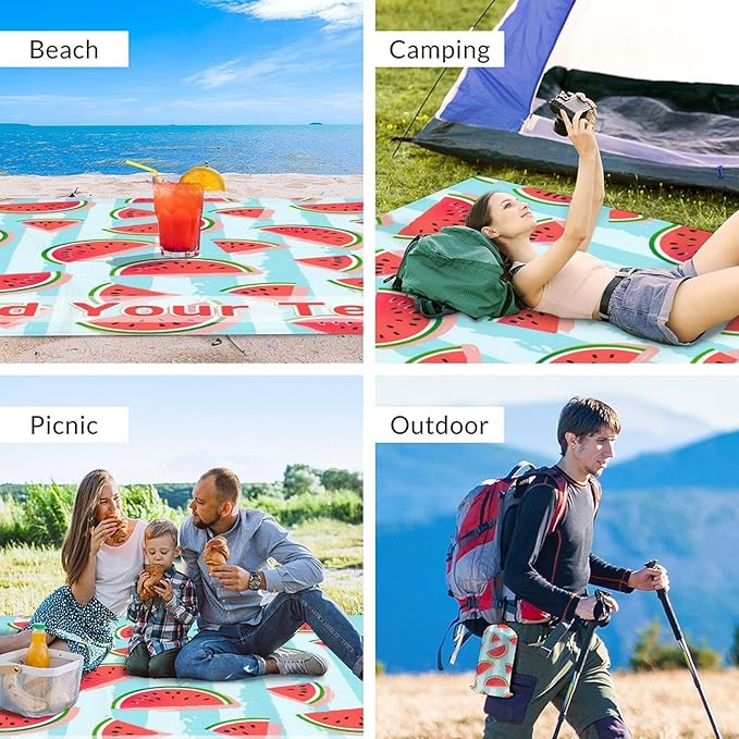 Personalized Beach Blanket Waterproof Sandproof 86x78 Inches Custom Large Watermelon Beach Mat for 4-6 Adults Lightweight Picnic Blanket with 4 Corner Pockets for Outdoor Travel Camping Hiking