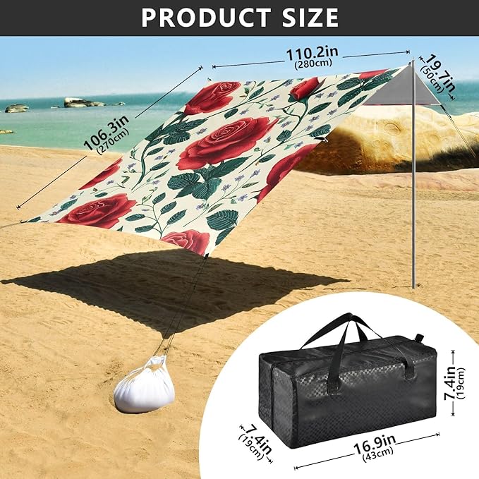 Bolaz Beach Canopy Tent Sun Shade9'×10.5' Large Family Beach Shade UPF50+- Outdoor Shade for Camping Trips FishingRed Rose Pattern