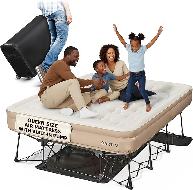 Queen Air Mattress with Frame Self Inflating/Deflating Bed for Adults - PeakRest Blow Up Bed Camping Cot with Mattress for Adults - Portable Queen with Travel Rolling Case on Wheels