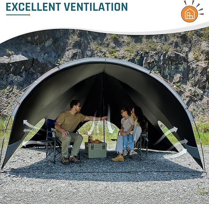 Large Blackout Camping Tarp with Poles Waterproof Shade Canopy Tent Tarp Sun Shade Shelter for Outdoor Camping Backyard Picnic - Included Guy Lines &amp Luminous Tent Stakes Gray