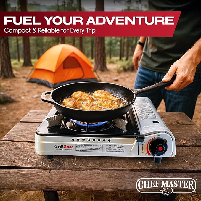 Grill Boss Dual Fuel Camp Stove - 12000 BTU Butane &amp Propane Portable Stoves for Camping Emergencies BBQ Hiking &amp Backpacking - Double Wind Guard Instant Piezo Ignition System - 90057