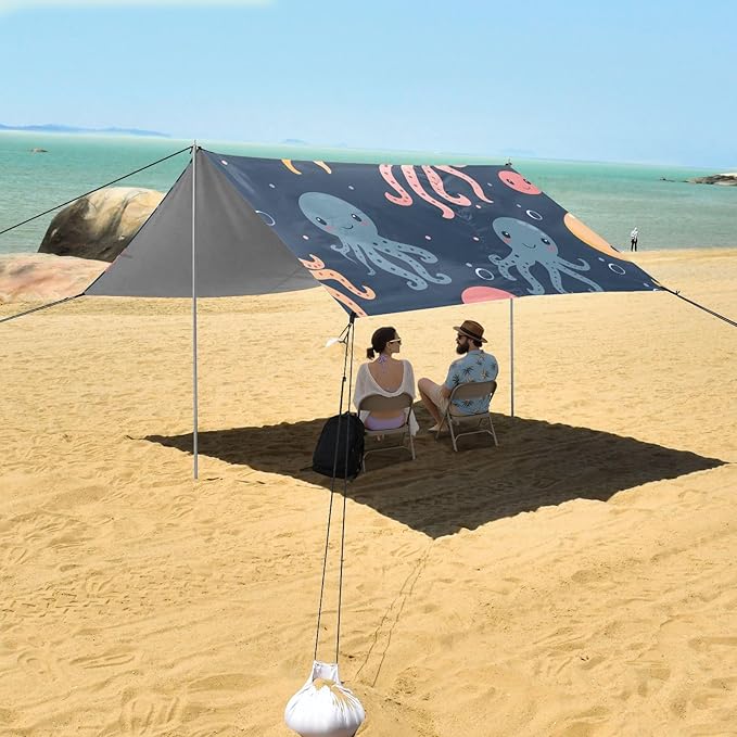 Cute Jellyfish and Octopus Camping Sun Shelter Beach Tent Portable Beach Sun Shade Outdoor Canopy for Camping Trips Fishing Picnic