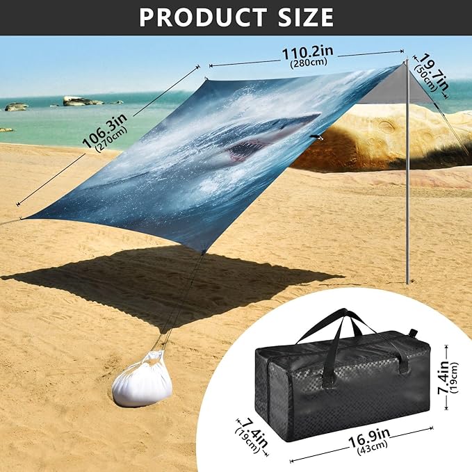 ALAZA Shark Beach Tent Sun Shelter UPF50+ Protection Beach Shade Canopy w/ 4 Sandbags for Outdoor Camping Fishing Backyard Fun Picnic 10x9 ft
