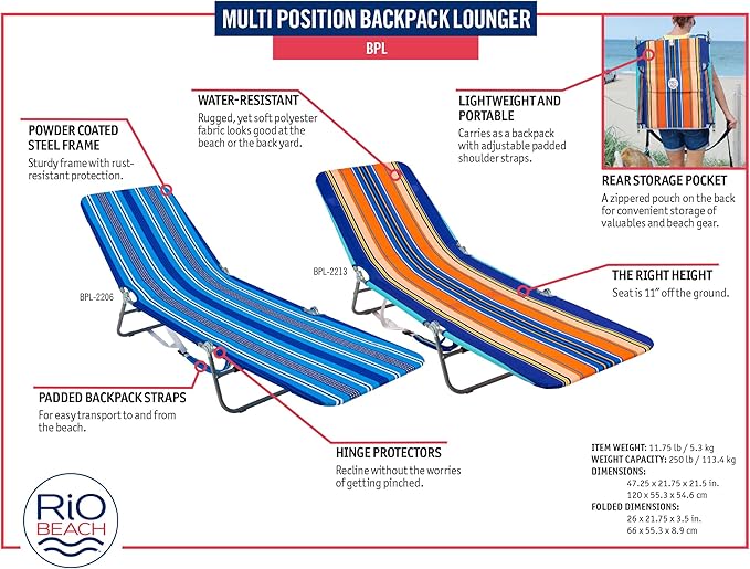 Rio Beach Portable Lay Flat Folding Backpack Beach Lounge Chair with Backpack Straps and Storage Pouch Blue and Red