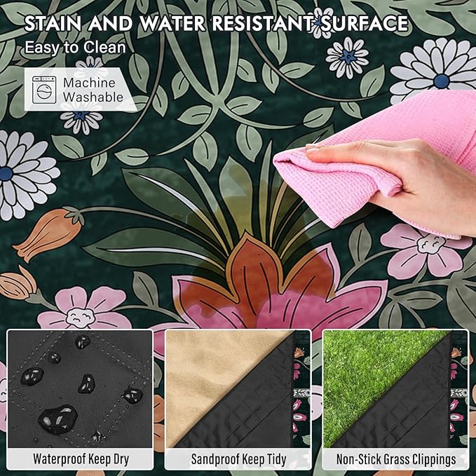 Floral Picnic Blankets Waterproof Foldable 60″X80″ Packable Picnic Mat Boho Outdoor Blanket for Grass Large Beach Blanket Sandproof Picnic Accessories for Camping Music Festival Park Lawn Travel