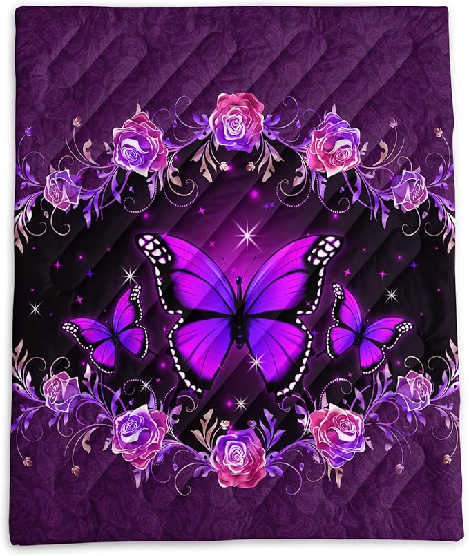 Axolotl Purple Butterfly Camping BlanketRoses Floral Lightweight Puffy Camping BlanketGlitter Starry Portable Outdoor BlanketMagical Waterproof Blanket for Cold Days Plane Picnic Beach Backpacking