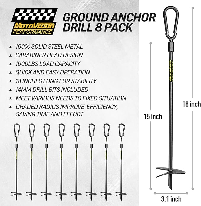 18” Heavy Duty Ground Anchors Screw in(1000lbs) Swing Set Earth Anchors Forged from High Strength Steel Detachable Carabiner Design High Wind Trampoline Stakes for Tents Canopies Sheds etc