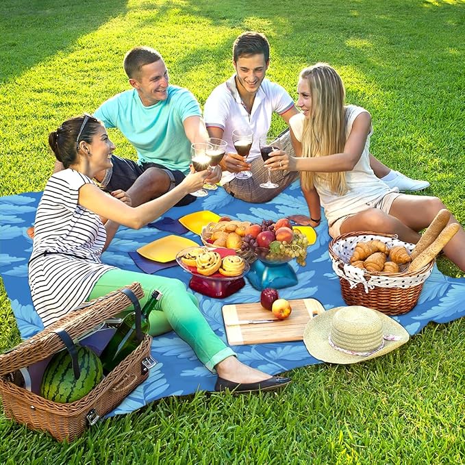 Waterproof Sandproof Beach Blanket 59''×68'' Ferns Leaves Polyester Outdoor Picnic Blanket with 4 Stakes &amp Storage Bag for BeachCampingVacation Blue