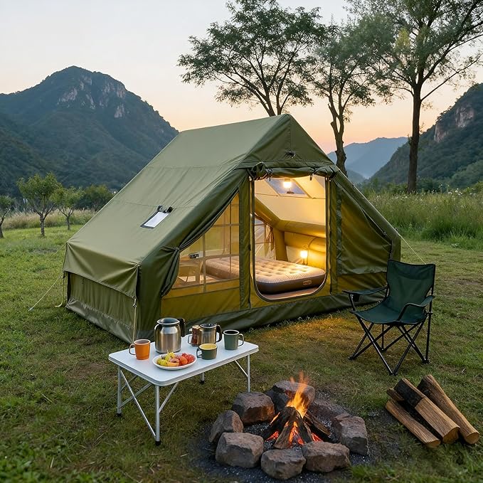 Inflatable Camping Tent Glamping Blow Up Tent with Hand Pump for All-Season 3 Mins Easy Setup Waterproof Tens with Mesh Window for 4-6 Person Suit for Family Friend Camp Outdoor Gathering