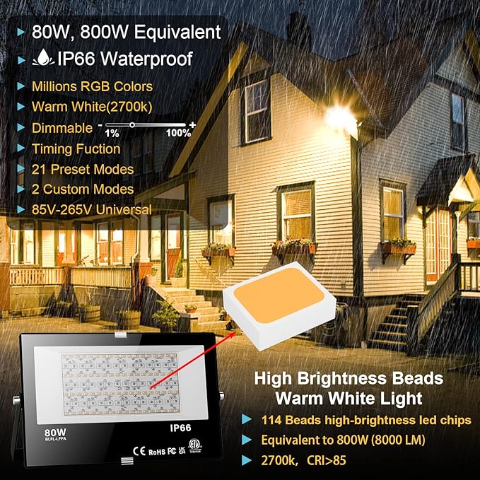 LED Flood Light Outdoor 800W Equivalent Bluetooth Smart Color Changing RGB Spot Light DIY-Scene+RGB+2700K Warm White APP &amp Group Control &amp Timing IP66 Waterproof 4Pack