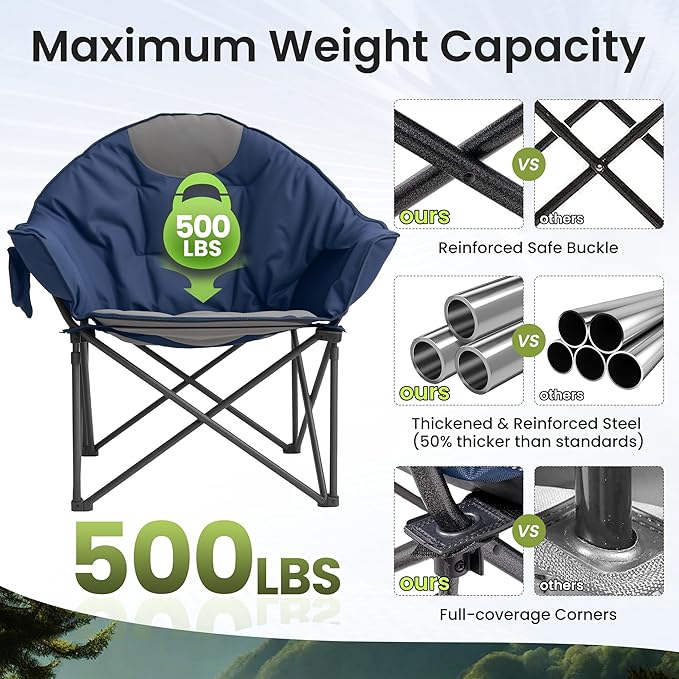 2 Pack Oversized Camping Chair with Cup Holder &amp Carry Bag 500lbs Heavy Duty Moon Saucer Folding Chair for Outdoor Lawn Sports Patio Navy Blue