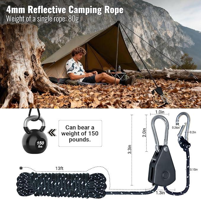 Camping Rope Reflective Tent Rope Guyline with Ratchet Pulley Tarp Tie Down Ropes for Tent Tarp Canopy Shelter Camping 13ft Adjustable Guy Line for Canopy Tent 8 Pack Guy Lines Tents Cords