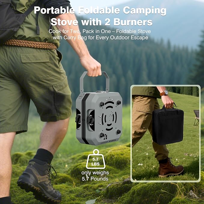 Camping Stove Portable Propane Camp Stove with Independently Adjustable Heat &amp 2 Burners Foldable Gas Stove with Carry Bag for Outdoor CookingTailgating &amp Backyard Gathering（Gray）
