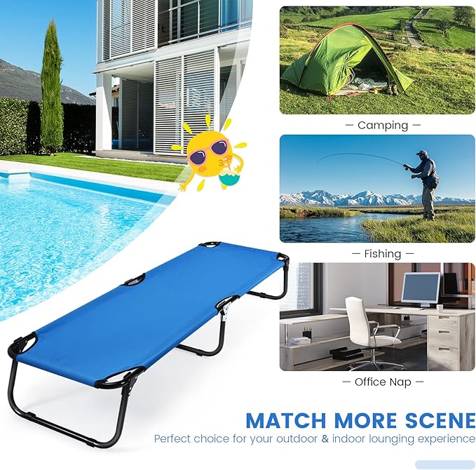 Goplus Folding Camping Cot Heavy Duty Collapsible Foldable Camping Bed for Adults Kids with Non-Slip Foot Pad Indoor Outdoor Portable Sleeping Cot for Hiking Camping Fishing (Blue)
