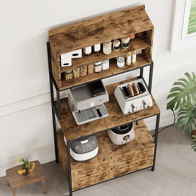 Garvee Bakers Rack with Storage Cabinet 68 Industrial 6-Tier Kitchen Storage Shelf with CabinetMicrowave StandShelvesFreestanding Coffee Bar for Pots Spices &amp Kitchen Essentials