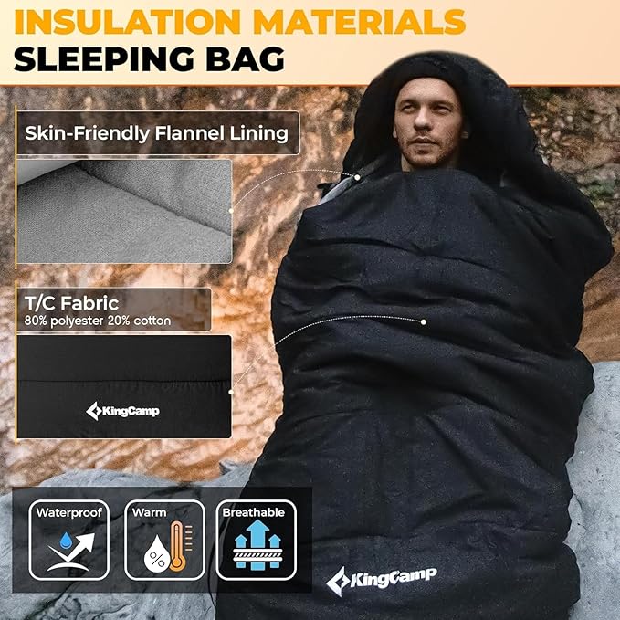 KingCamp 3-in-1 Sleeping Bag for Adults Cold &amp Warm Weather XL Size for Big &amp Tall Individuals Waterproof Flannel Lining Extra Length-Ideal for Camping &amp Backpacking