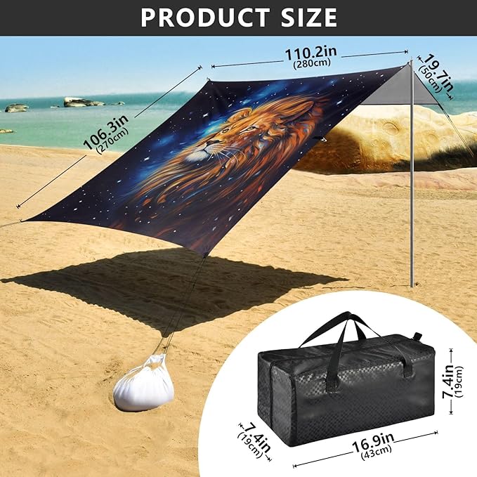 ALAZA Lion Galaxy Beach Tent Sun Shelter UPF50+ Protection Beach Shade Canopy w/ 4 Sandbags for Outdoor Camping Fishing Backyard Fun Picnic 10x9 ft