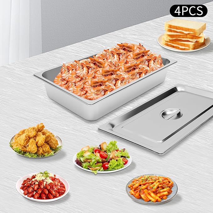 Steam Table Pans with Lids Set of 4 20x12x4 Inch Hotel Pans 2.38 Gallon 201 Stainless Steel Food Pans One-Piece Design Dishwasher Oven Safe for Restaurant Catering Buffet