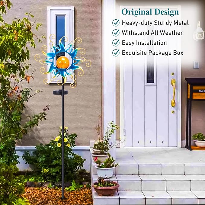 Solar Lights Outdoor Garden Decor Blue Metal Sun Crackle Glass Globe Stake Waterproof 30LED Decorations Unique Gifts for WomenMomOutside PatioLawnYardPathway