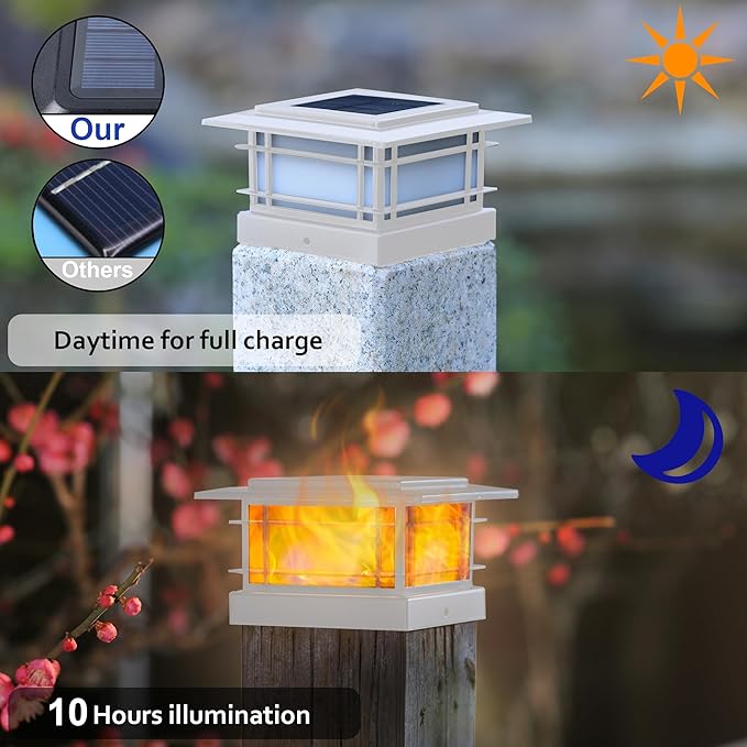 Dynaming 4 Pack Solar Post Cap Lights Outdoor with Flickering Flame Light White Shell Fence Post Solar Lights Fit 4x4 5x5 Vinyl/Wooden Posts Brightness LED Lighting Decor for Garden Deck Patio
