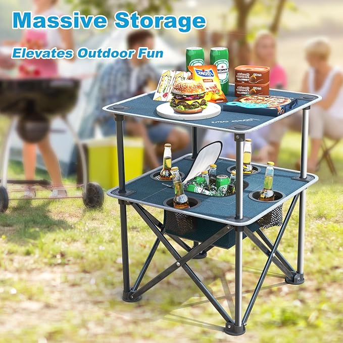 Folding Beach Table Camping Table for Sand with Insulated Cooler Storage &amp 4 Cup Holders Portable Pop Up Picnic Table Lightweight Side Table for Outdoor