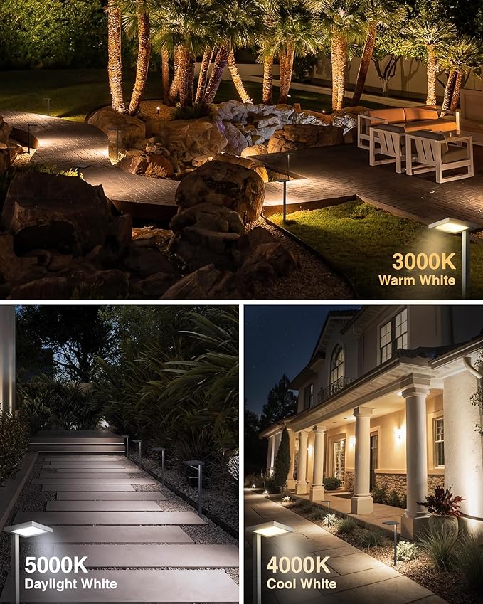 SUNVIE 3CCT Low Voltage Pathway Lights Wired Pathway Lights Outdoor 5W 3000K Anti Glare LED Low Voltage Landscape Lighting Waterproof Landscape Path Lights for Walkway Backyard Garden Patio 4 Pack