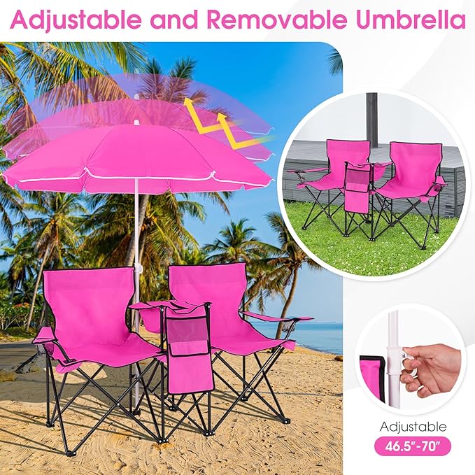 Beach Chair with Umbrella Portable Camping Chair with Cooler Bag Cup Holders Side Pocket Carrying Bag Double Folding Chair for Picnic Patio Canopy Outside (Pink)