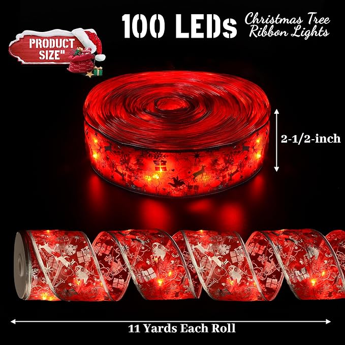 Xmas Decorations 2.5Inch x 33Ft 100 Led Xmas Tree Ribbon Lights w/ Remote Control Battery Operated &amp USB Powered 8 Lighting Modes Fairy String Lights w/ Timer Xmas Decor (Vi23090904)