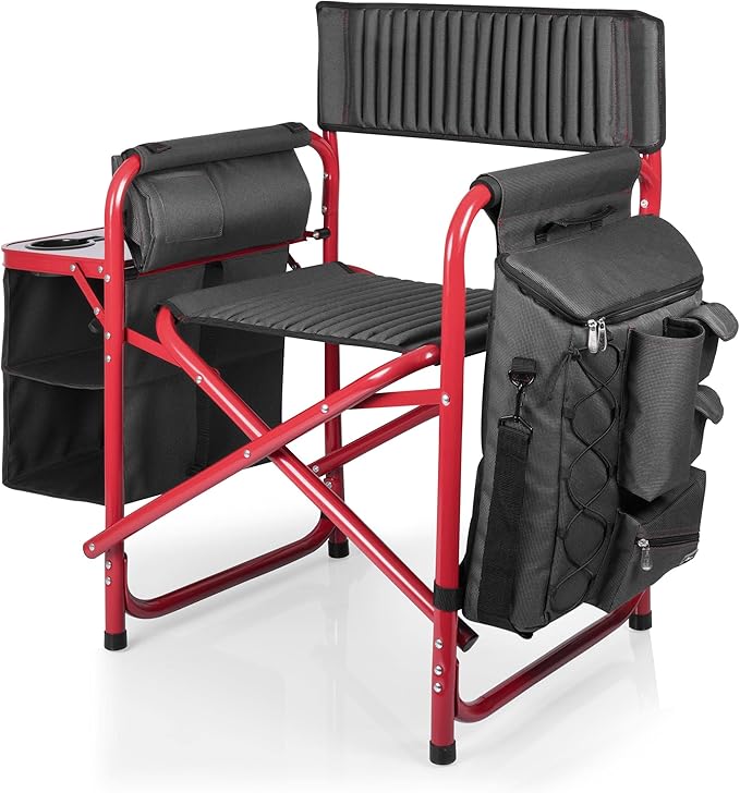 PICNIC TIME Fusion Camping Chair with Side Table and Soft Cooler Outdoor Foldable Padded Camping Chairs with Cup Holder for Lawn Beach &amp Sports Use for Adults (Dark Gray Red Accents)