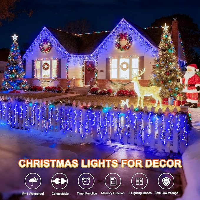 KNONEW Christmas Lights Outdoor Decorations 400 LED 33ft 8 Modes Curtain String Light with 75 Drops Clear Wire LED Fairy Light Indoor Decor for Wedding Party Christmas Decorations(Blue)