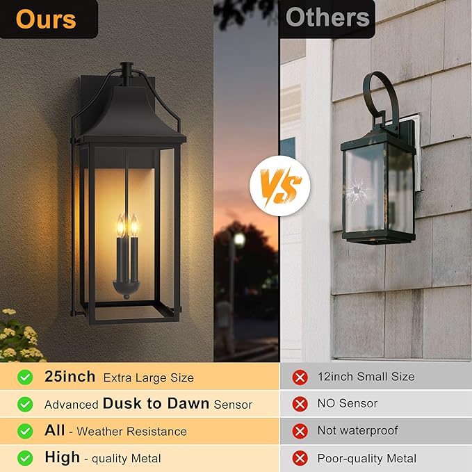 25-INCH Dusk to Dawn Outdoor Wall Light Large Size Waterproof Patio Lanterns 3-Light Exterior Wall Mount Lantern Sconce with Glass Black Wall Sconces for House Garage Front Door