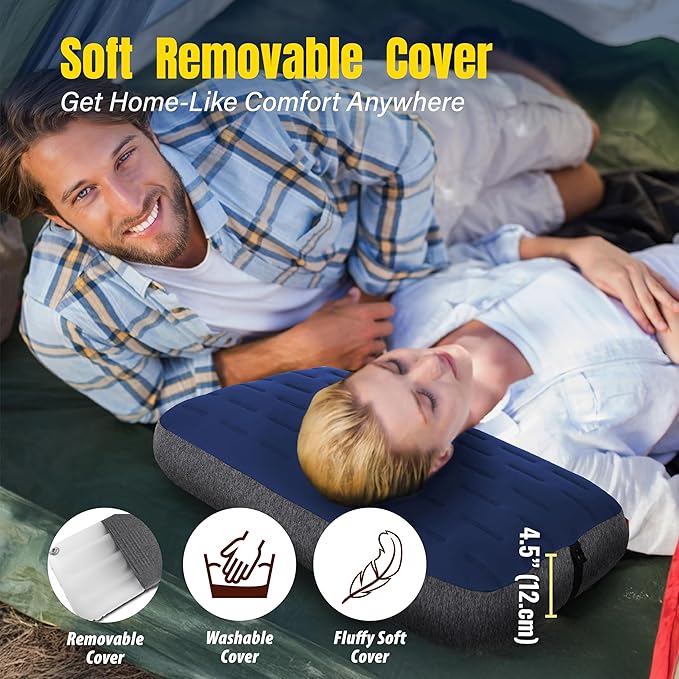 TREKOLOGY Camping Pillow - Large Inflatable (24x15) for Home-Like Comfort Portable &amp Ergonomic Easy to Clean Durable &amp Leak-Proof Removable Strap for Secure Fit – ALUFT Ultra (Blue)