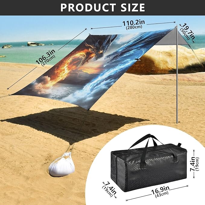 Bolaz Beach Canopy Tent Sun Shade9'×10.5' Large Family Beach Shade UPF50+- Outdoor Shade for Camping Trips FishingTwo Dragon Fire