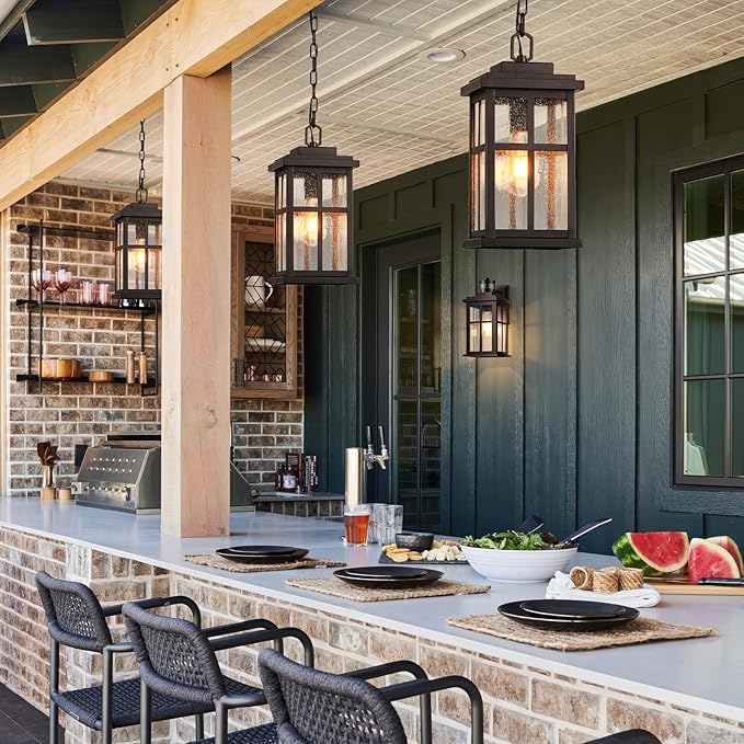 VIANIS Large Outdoor Pendant Lights for Porch Oil Rubbed Bronze Farmhouse Hanging Porch Lights Outdoor with Tempered Glass Anti-Rust Waterproof Exterior Chandelier for Patio with Adjustable Chain