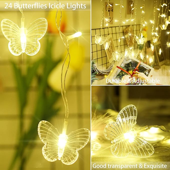 Butterfly Curtain Fairy Lights USB Plug in120 LED 8 Modes 20FT Firefly Twinkle Icicle String Lights with Remote Timer Waterproof Copper Wire for Bedroom Patio Christmas Wedding Party Dorm(Warm White)