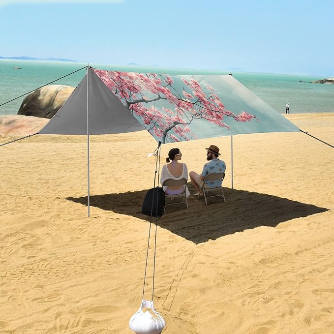 Cherry Blossom Tree Beach Tent Sun Shelter 9.2' x 10.5' Beach Canopy with 4 Sandbags 4 Stability Poles Sand Shovels - Tent Canopy for Beach Camping Fishing Picnics