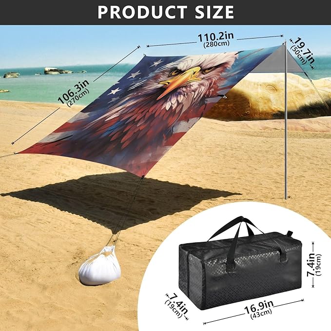 ALAZA American Flag Eagle Portrait Beach Tent Sun Shelter UPF50+ Protection Beach Shade Canopy w/ 4 Sandbags for Outdoor Camping Fishing Backyard Fun Picnic 10x9 ft