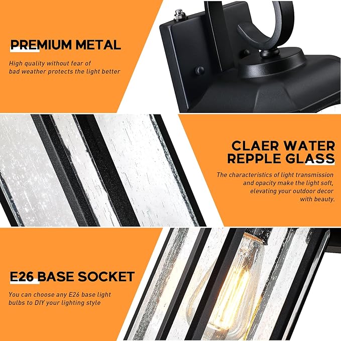 16.8'' Large Dusk to Dawn Outdoor Wall Lights Black Exterior Lighting Fixtures Wall Sconce with Seeded Glass Waterproof Front Porch Light Outside Wall Lantern for House Patio Garage 1Pack