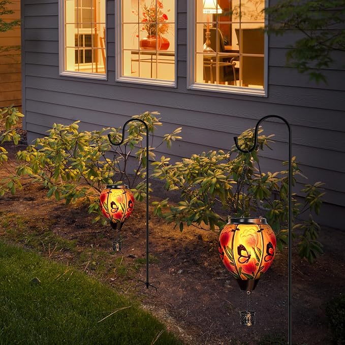 Butterfly Flower Solar Hot Air Balloon Lantern with Flame Glass Balloon Lantern Outdoor Waterproof Lights Hanging Solar Lights for Outside Garden Patio Porch Tree Yard Gift for Mom