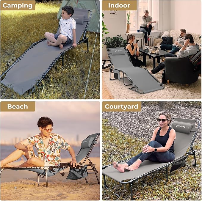 KingCamp Chaise Lounge Outdoor 5-Position Adjustable Patio Lounge ChairFolding Tanning Chair for LawnBeachPool and SunbathingPortable Heavy-Duty Camping Reclining Chair with Pillow (1 Grey)