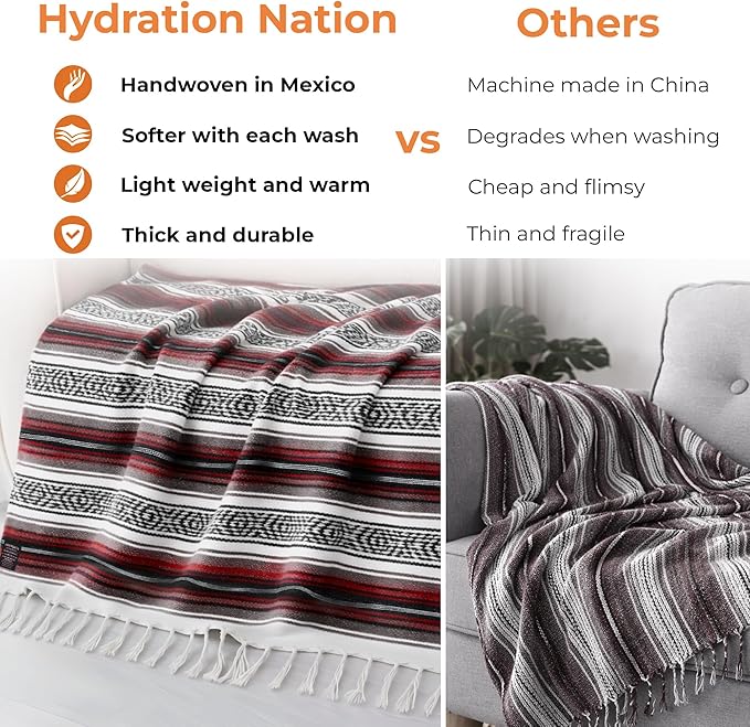Mexican Blanket (Authentic Handmade Falsa) - Durable Lightweight Baja Indian Blanket for Yoga Beach Camping Picnic Car/Truck Outdoor Mexican Throw Baja Saddle Blanket 70x50 Cherry