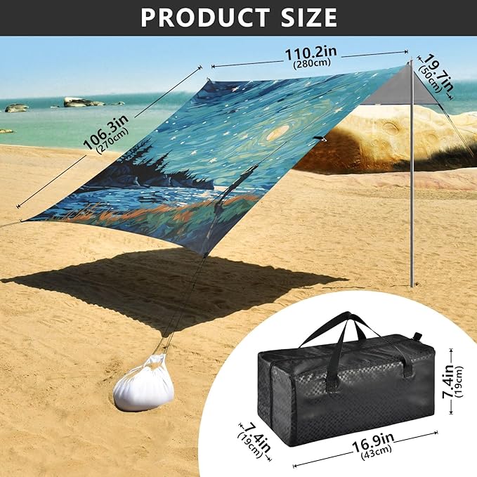 Camping Sun Shelters A Men Fishing in Moonlight Night Beach Canopy 126 * 110.2in